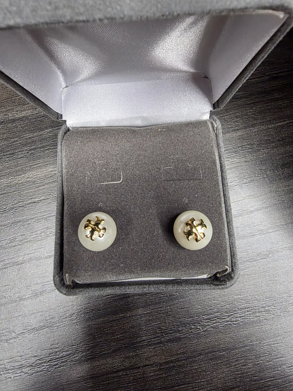 Tory Burch White Pearl-Look Button Stud Earrings with Gold Logo